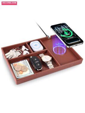 Valet Tray with Built-in Wireless Charger, Nightstand Organizer, PU Leather